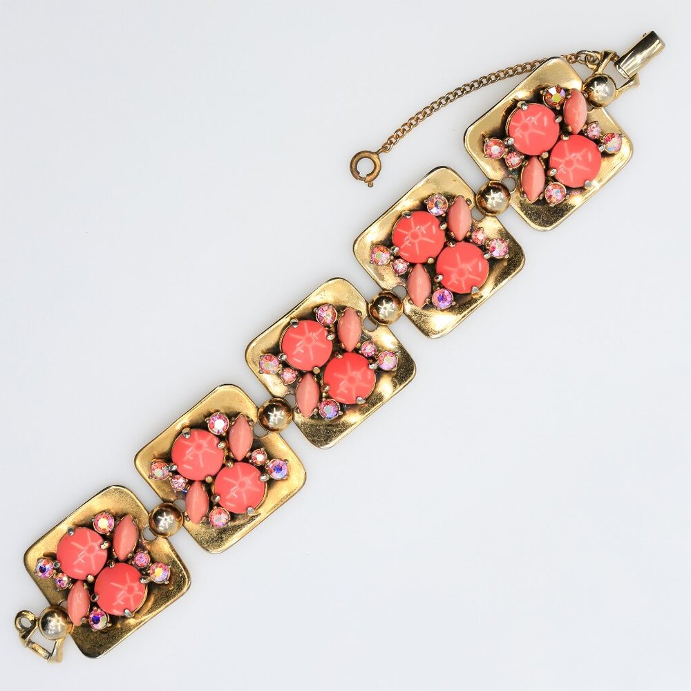 Vintage Schiaparelli Pink Cabochon and AB Rhinestones Panel Bracelet 1950s
